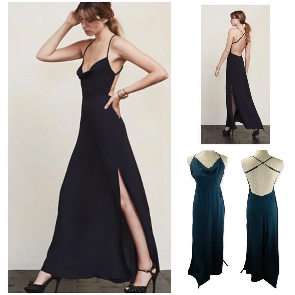Reformation Augustine Cowl Neck Criss Cross Open Back Side Split Maxi Black